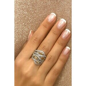 Silver Tone Wide Band Cocktail Ring Waves of Clear and Beige Tan Crystals Sz 9.5